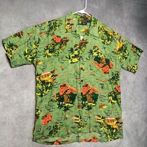 Roundy Bay Mens Hawaiian Shirt size Medium Green Floral Short‎ Sleeve Button Up